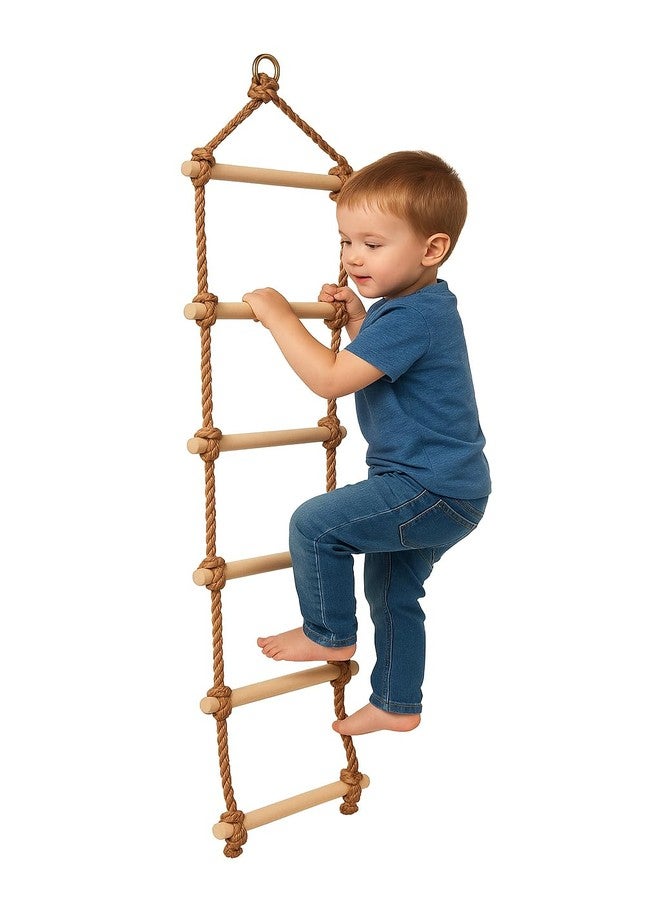 REZNOR سلم حبل تسلق للأطفال من ريزنور وود، بطول 6.5 قدم - حبل مشدود على شكل محارب نينجا، معدات ملعب - أرجوحة حبل سلم عقبات للأطفال، 6 درجات، بني - Image 1